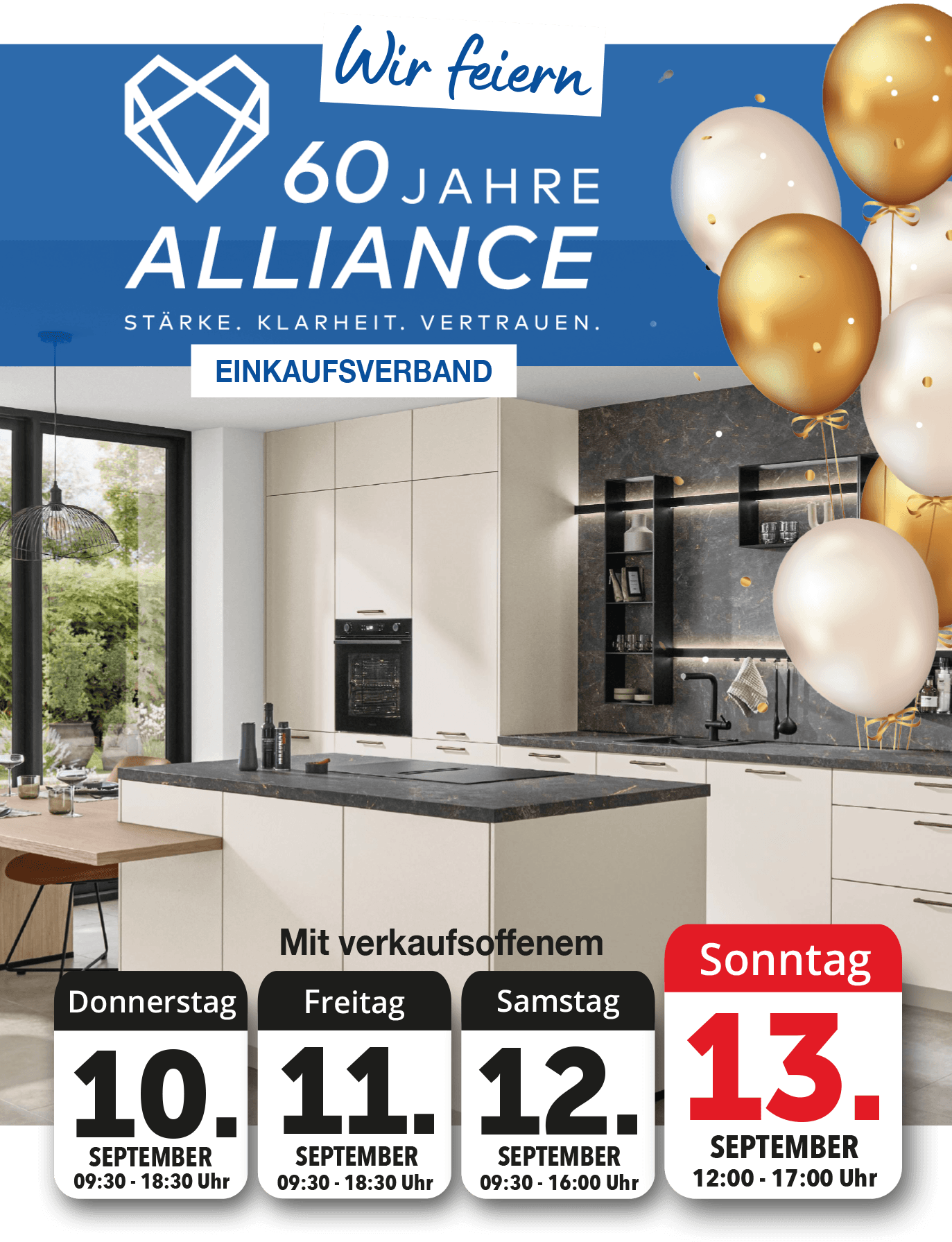 Wir feiern 60 Jahre Alliance mit verkaufsoffenem Sonntag uns Küchensonderverkauf vom 10.09.26 - 13.09.26