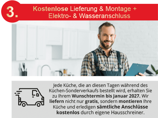 Vorteil 3 - Kostenlose Lieferung und Montage + Elektro- & Wasseranschluss