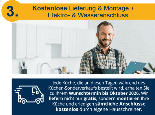 Vorteil 3 - Kostenlose Lieferung und Montage + Elektro- & Wasseranschluss