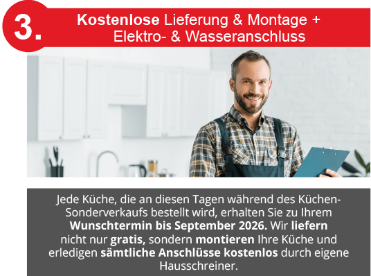 Vorteil 3 - Kostenlose Lieferung und Montage + Elektro- & Wasseranschluss