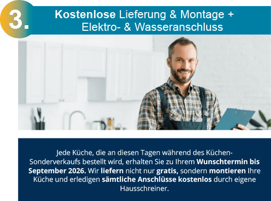 Vorteil 3 - Kostenlose Lieferung und Montage + Elektro- & Wasseranschluss