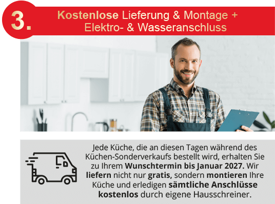 Vorteil 3 - Kostenlose Lieferung und Montage + Elektro- & Wasseranschluss